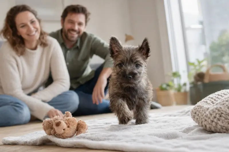 Ein neugieriger Cairn Terrier Welpe erkundet seine neue, freundliche Wohnung mit einer weichen Decke und Spielzeug.