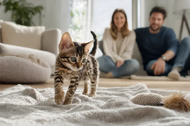 Ein neugieriges California Spangled Katzen Kitten entdeckt sein neues Zuhause mit einer weichen Decke und Spielzeug.
