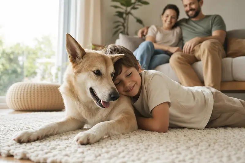 Ein freundlicher Canaan Dog entspannt neben einem Kind im Wohnzimmer und strahlt Vertrauen und Geborgenheit aus.