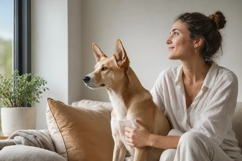 Ein aufmerksamer Canaan Dog steht in natürlicher Haltung vor hellem Hintergrund in einem realistischen Tierportrait.