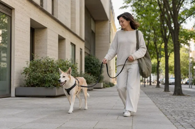 Ein Canaan Dog läuft an der Leine mit seinem Besitzer durch eine moderne Stadtstraße.