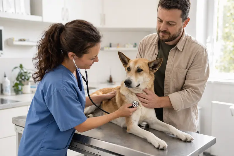Ein ruhiger Canaan Dog wird von einer freundlichen Tierärztin in einer modernen Tierarztpraxis mit einem Stethoskop untersucht, während der Besitzer beruhigend danebensteht.