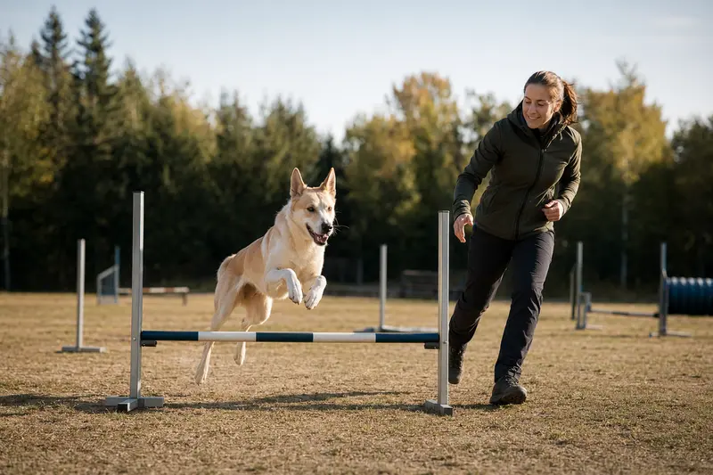 Ein Canaan Dog springt mit seinem Besitzer über eine kleine Trainingshürde auf dem Hundeplatz und wirkt dabei aufmerksam und freudig.