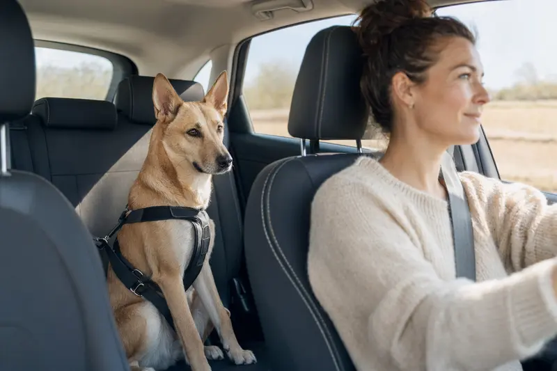 Ein Canaan Dog sitzt sicher angeschnallt auf der Rückbank eines Autos und genießt das Sonnenlicht.