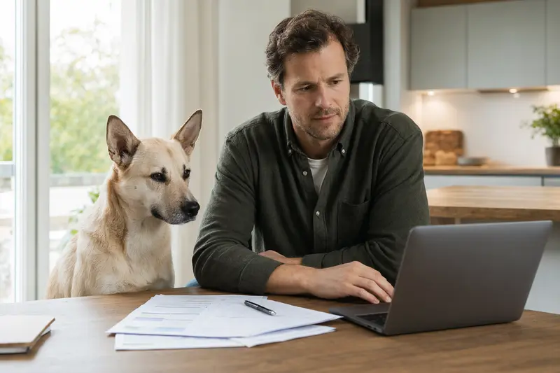 Ein Canaan Dog sitzt entspannt neben seinem Besitzer am Küchentisch mit Versicherungsunterlagen und einem Laptop.