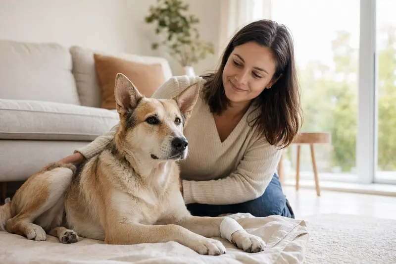 Ein Canaan Dog mit Verband an der Pfote liegt entspannt neben seinem Besitzer in einer hellen Wohnung.