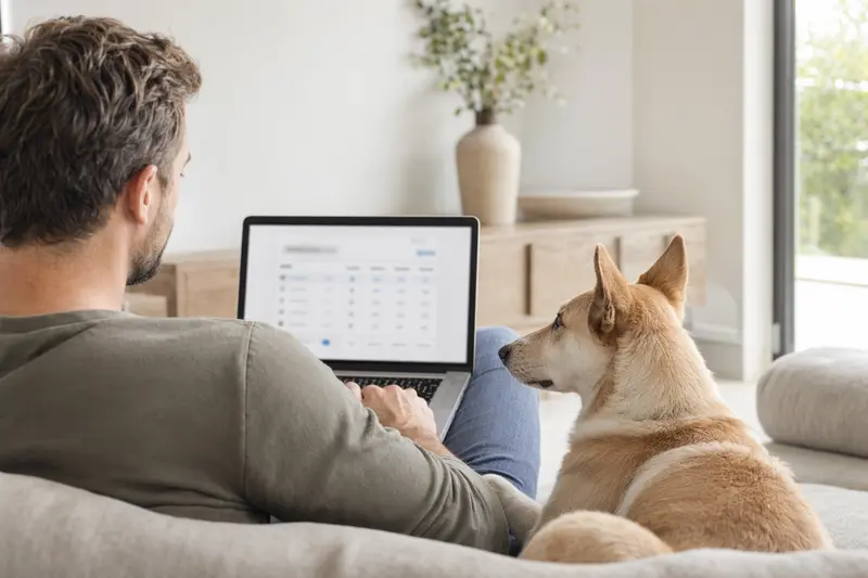 Ein Hund und sein Besitzer nutzen einen Laptop auf dem Sofa, um die richtige Tierversicherung auszuwählen.