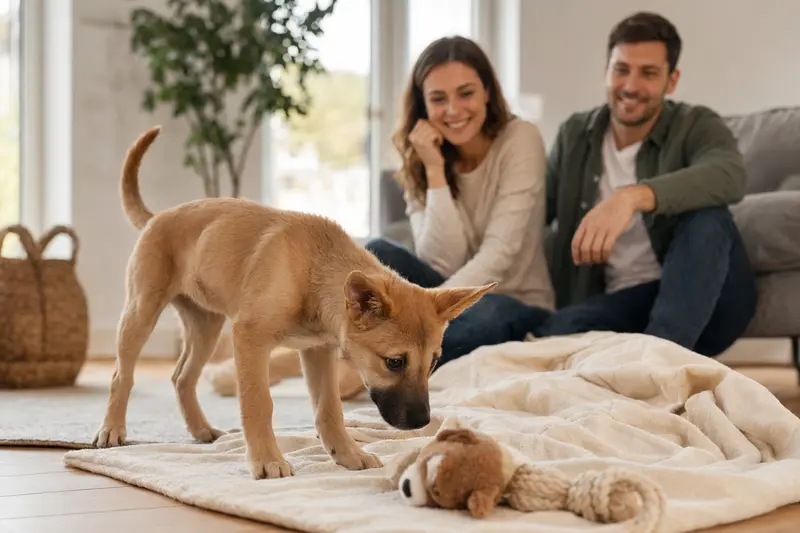 Ein neugieriger Canaan Dog Welpe erkundet sein neues Zuhause mit einer weichen Decke und Spielzeug.