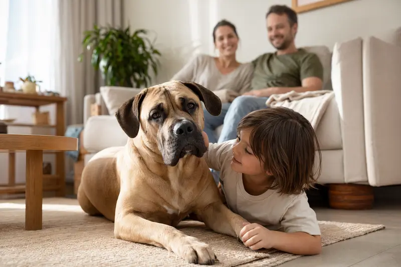 Ein freundlicher Canary Mastiff Hund liegt entspannt neben einem Kind im Wohnzimmer und schafft eine vertrauensvolle Atmosphäre.