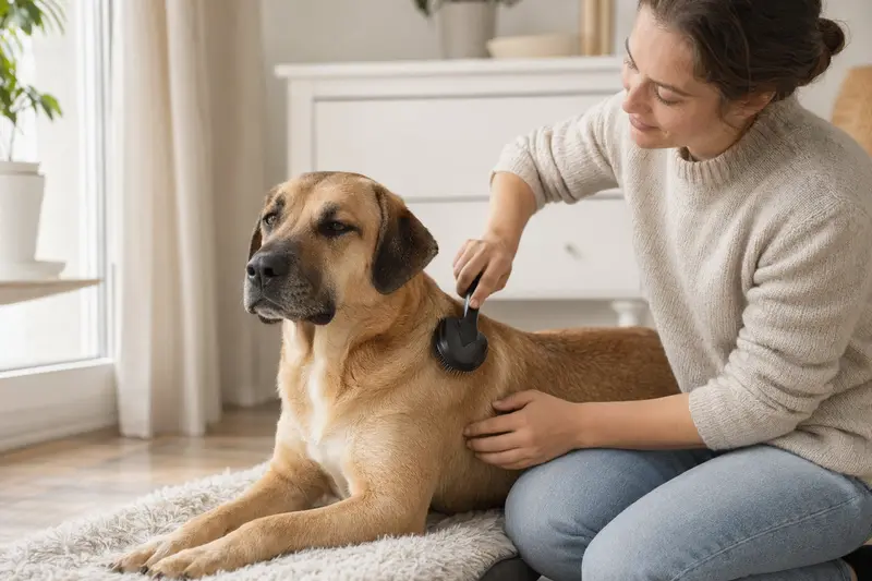 Ein Canary Mastiff wird in einer hellen Wohnung sanft gebürstet, während sich der Besitzer liebevoll um die Fellpflege kümmert.