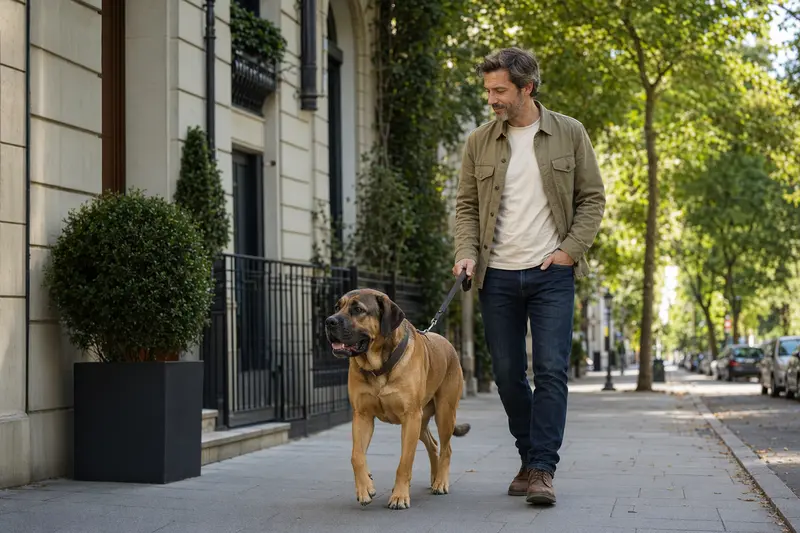 Ein Canary Mastiff läuft angeleint mit seinem Besitzer durch eine freundliche moderne Stadtstraße.