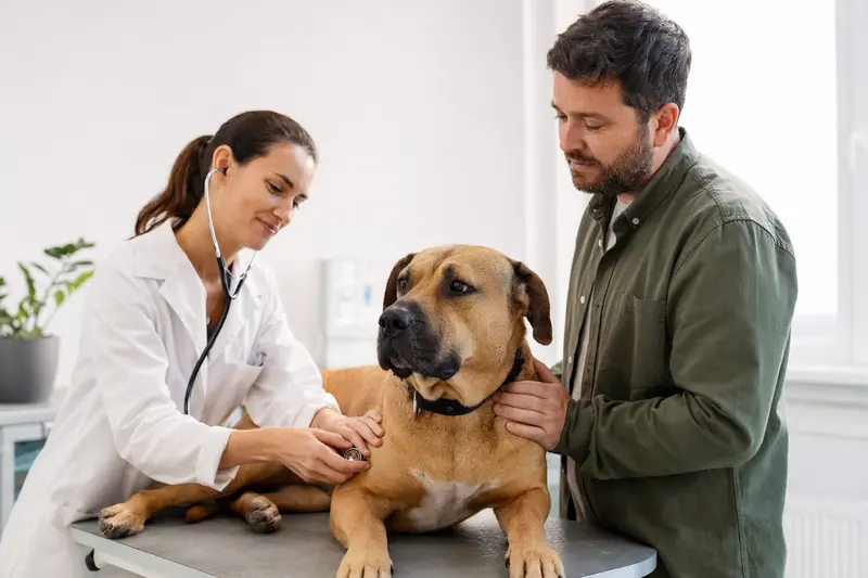 Ein Canary Mastiff Hund wird von einer freundlichen Tierärztin in einer modernen Praxis untersucht.