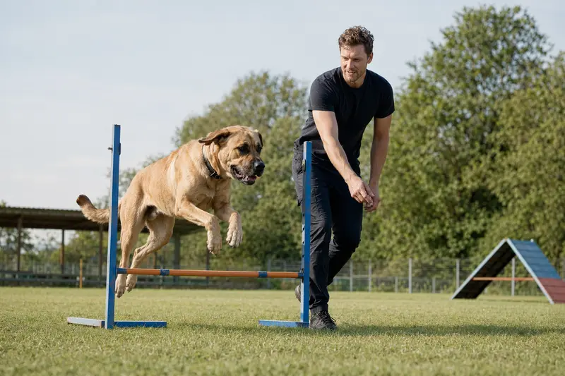 Ein Canary Mastiff trainiert mit seinem Besitzer auf einem Hundeplatz über eine kleine Trainingshürde bei sonnigem Wetter.