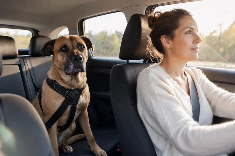 Ein sicher angeschnallter Canary Mastiff auf der Rückbank eines Autos zeigt Verantwortung im Hundetransport.