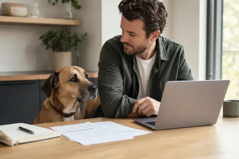 Ein ruhiger Canary Mastiff sitzt neben seinem Besitzer am Küchentisch, auf dem Versicherungsunterlagen und ein Laptop liegen.