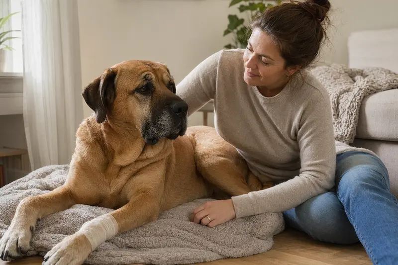 Ein entspannter Canary Mastiff Hund mit leichtem Verband an der Pfote liegt auf einer Decke, während sein erleichterter Besitzer neben ihm sitzt.