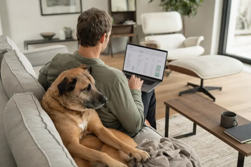 Ein Besitzer arbeitet am Laptop auf dem Sofa, während ein Canary Mastiff neben ihm sitzt, umgeben von einer ruhigen und hellen Wohnung.