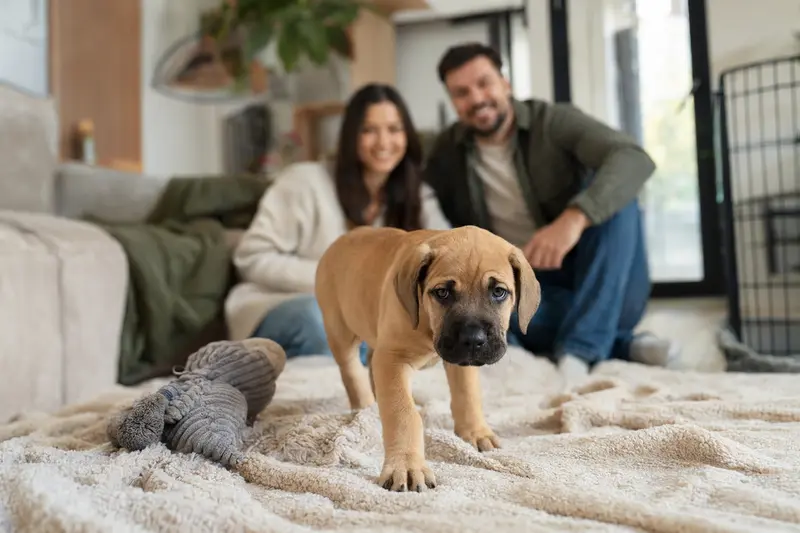 Ein neugieriger Canary Mastiff Welpe erkundet sein neues Zuhause mit liebevoller Familie im Hintergrund.