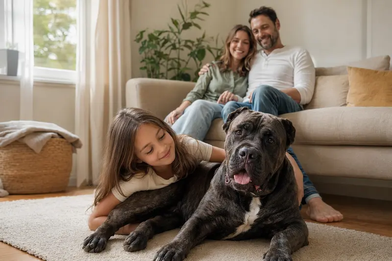 Ein freundlicher Cane Corso Hund liegt entspannt neben einem Kind im Wohnzimmer.