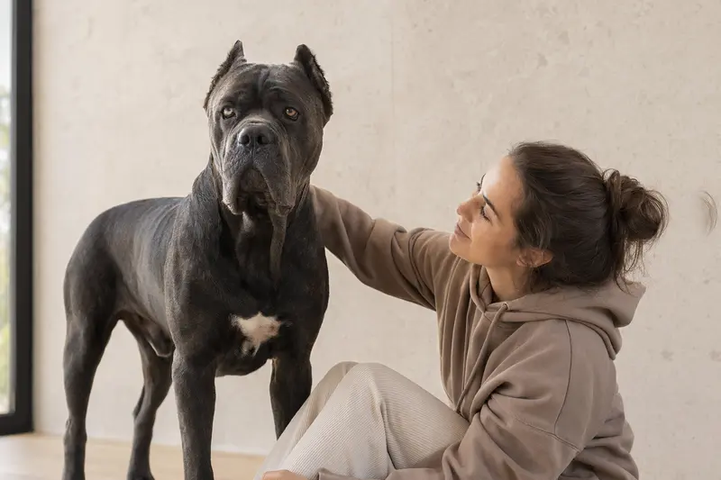 Aufmerksam stehender Cane Corso Hund in natürlicher Haltung vor hellem, neutralem Hintergrund.