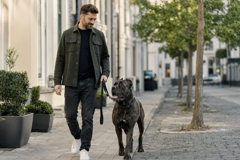 Ein Cane Corso läuft an der Leine mit seinem Besitzer durch eine freundliche moderne Stadtstraße.