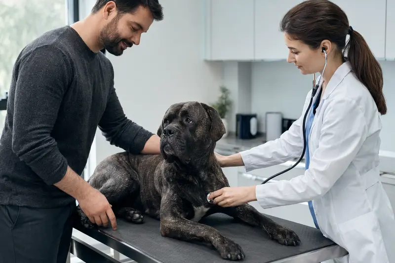 Ein ruhiger Cane Corso wird behutsam von einer Tierärztin mit einem Stethoskop in einer modernen Praxis untersucht, während der Besitzer beruhigend danebensteht.
