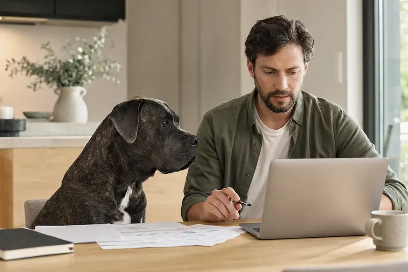 Ein Cane Corso Hund sitzt ruhig neben seinem Besitzer am Küchentisch mit Versicherungsunterlagen und einem Laptop.