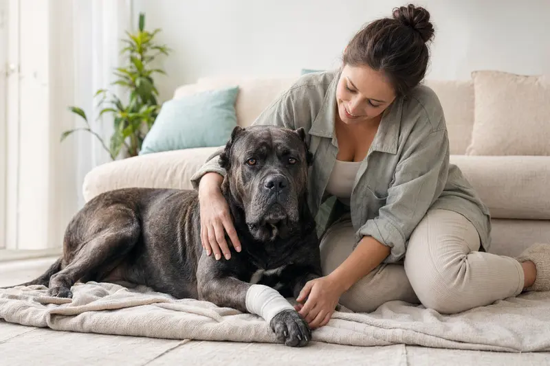 Ein entspannter Cane Corso Hund mit leichtem Verband an der Pfote liegt auf einer Decke, während sein Besitzer daneben sitzt.