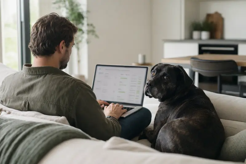 Besitzer mit Laptop auf dem Sofa neben Cane Corso Hund, der Versicherungsvergleichs-Oberfläche anzeigt.