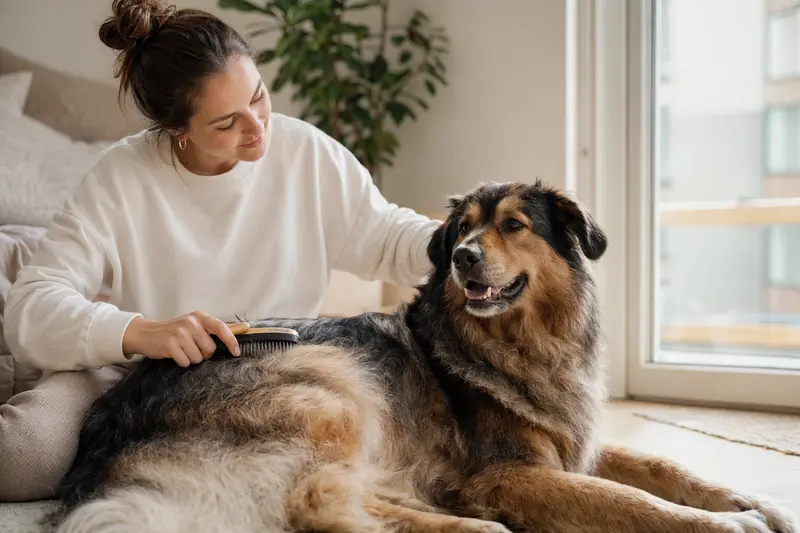 Ein Cane Da Pastore wird zuhause von seinem Besitzer sanft gebürstet und gepflegt.