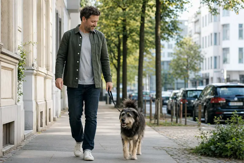Ein Cane Da Pastore läuft entspannt an der Leine mit seinem Besitzer durch eine moderne Stadtstraße.