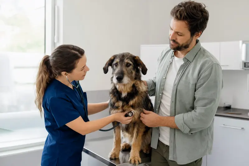Eine Tierärztin untersucht einen ruhigen Cane Da Pastore mit dem Stethoskop auf dem Untersuchungstisch in einer modernen Tierarztpraxis, während der Besitzer beruhigend danebensteht.