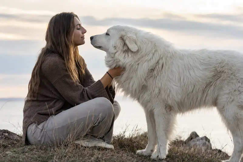 Ein Cane Da Pastore Maremmano Abruzzese steht aufmerksam vor hellem Hintergrund in natürlicher Haltung.