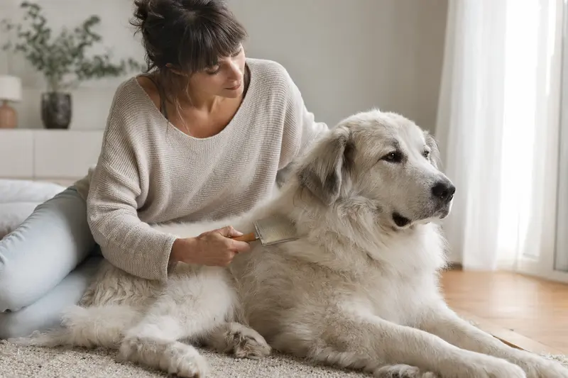 Ein Cane da Pastore Maremmano Abruzzese wird in einer hellen Wohnung sanft gebürstet und gepflegt.