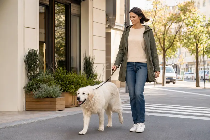 Ein Cane Da Pastore Maremmano Abruzzese läuft an der Leine mit seinem Besitzer entspannt durch eine moderne Stadtstraße.
