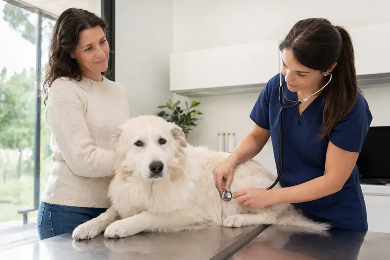 Ein ruhiger Cane Da Pastore Maremmano Abruzzese Hund wird von einer freundlichen Tierärztin in einer modernen Praxis mit einem Stethoskop untersucht.