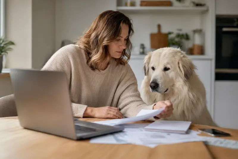 Ein Cane da Pastore Maremmano Abruzzese sitzt ruhig neben seinem Besitzer am Küchentisch mit Versicherungsunterlagen und Laptop zu einer Hundekrankenversicherung.