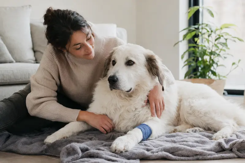 Ein Cane Da Pastore Maremmano Abruzzese liegt mit leichtem Verband an der Pfote ruhig auf einer Decke, während sein Besitzer erleichtert neben ihm sitzt.