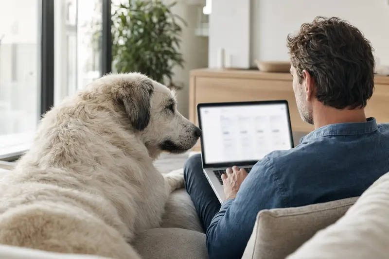 Hund sitzt neben einem Besitzer, der auf einem Laptop auf dem Sofa eine Versicherungsvergleichsseite betrachtet.