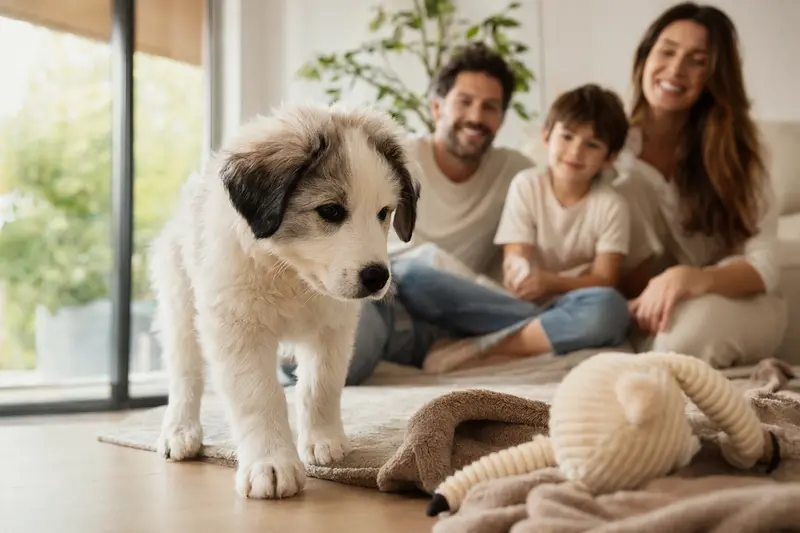 Ein neugieriger Cane Da Pastore Maremmano Abruzzese Welpe erkundet seine neue, liebevolle Umgebung.