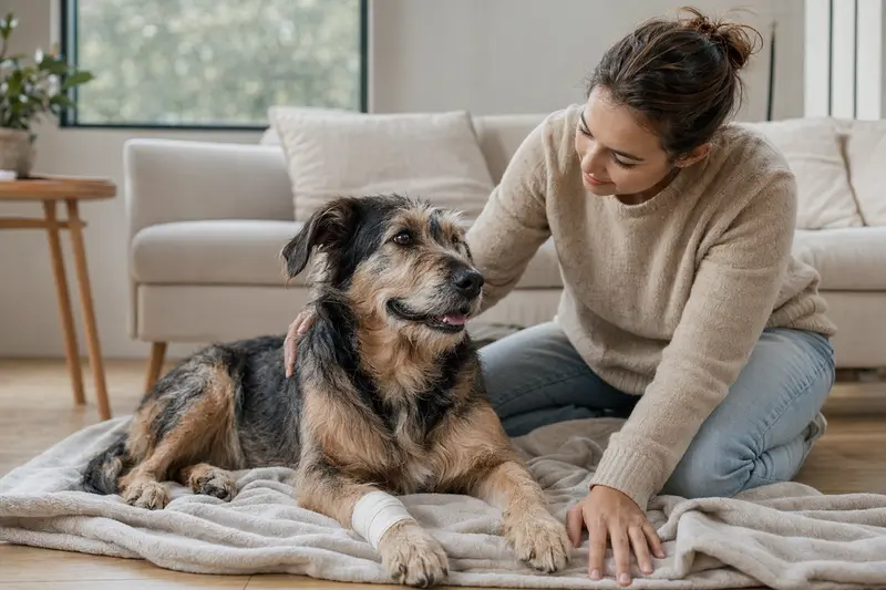 Ein Cane Da Pastore liegt mit leicht verbundenen Pfote auf einer Decke, während sein erleichterter Besitzer neben ihm sitzt.