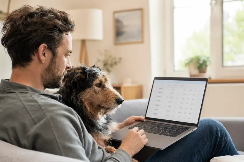 Ein Hundebesitzer arbeitet am Laptop auf dem Sofa, während ein Cane Da Pastore neben ihm sitzt, was Sicherheit und einfache Entscheidungen symbolisiert.