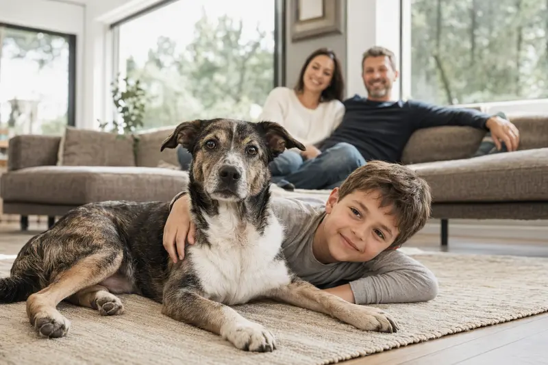 Ein freundlicher Cane Di Maccelaio Hund liegt entspannt neben einem Kind in einem hellen Wohnzimmer.