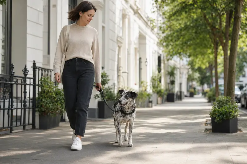 Ein Cane Di Maccelaio Hund läuft entspannt an der Leine mit seinem Besitzer durch eine moderne Stadtstraße.