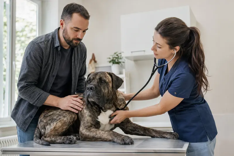 Ein Cane Di Maccelaio Hund wird von einer freundlichen Tierärztin mit einem Stethoskop in einer modernen Tierarztpraxis untersucht, während der Besitzer beruhigend daneben steht.