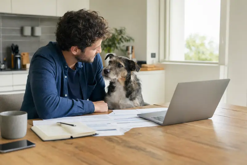 Cane Di Maccelaio sitzt gemeinsam mit seinem Besitzer am Küchentisch, wo Versicherungsunterlagen und ein Laptop liegen, in einer hellen Wohnung.