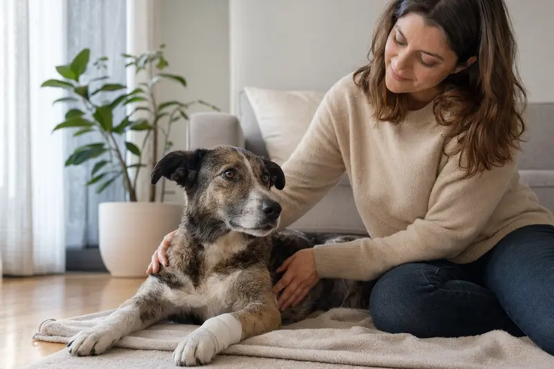Ein Cane Di Maccelaio Hund mit Verband an der Pfote liegt neben seinem erleichterten Besitzer in einer hellen Wohnung.