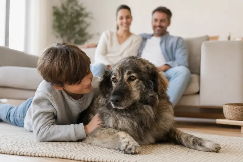 Ein entspannter Cao da Serra da Estrela Hund liegt neben einem Kind in einem hellen Wohnzimmer.
