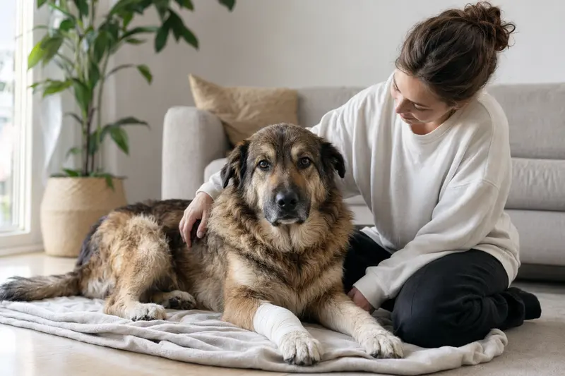 Ein Cao da Serra da Estrela Hund mit Verband an der Pfote liegt entspannt auf einer Decke neben seinem erleichterten Besitzer in einer hellen Wohnung.