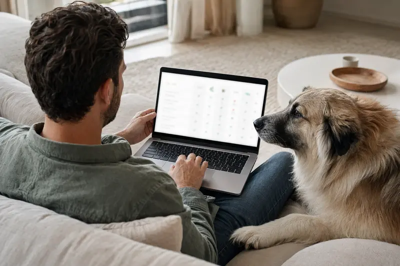 Ein Hundebesitzer mit Laptop auf dem Sofa, neben ihm ein Cao da Serra da Estrela, der die Entscheidung für eine Tierkrankenversicherung trifft.